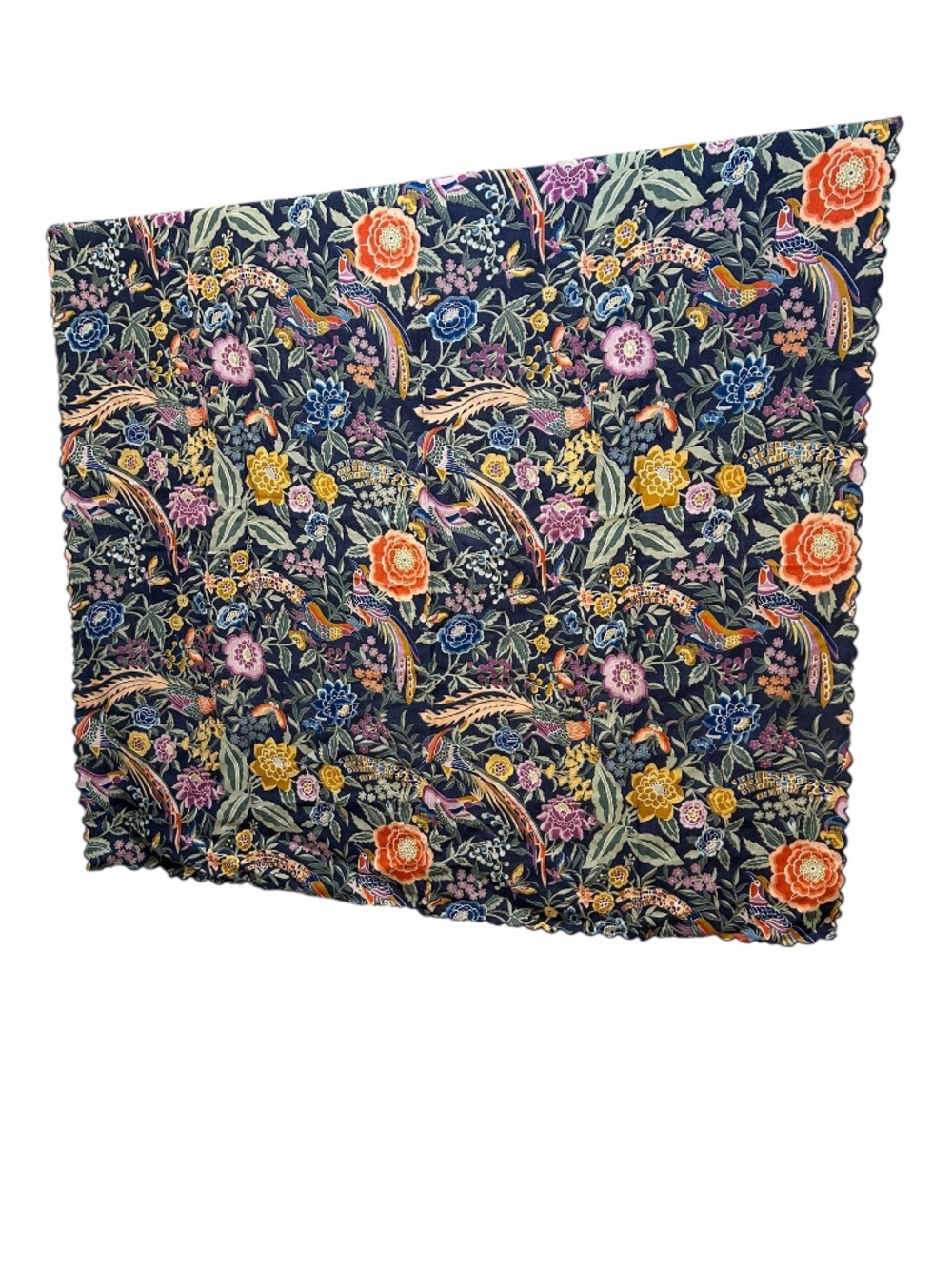 Linen Tablecloth NEW blue tropical orange flowers birds 48" square